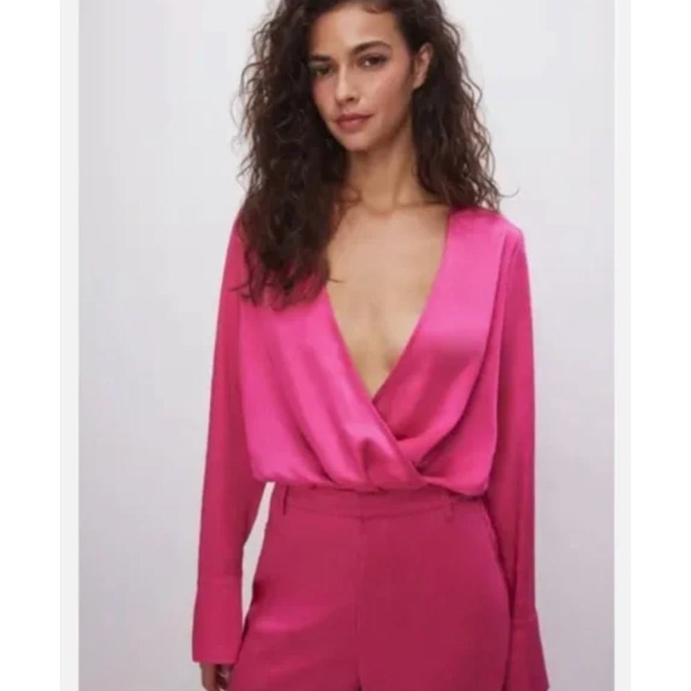 Good American Satin Wrap V-Neck Long Sleeve Blouse Top | Sz XS Pink NEW $149 - Picture 5 of 9